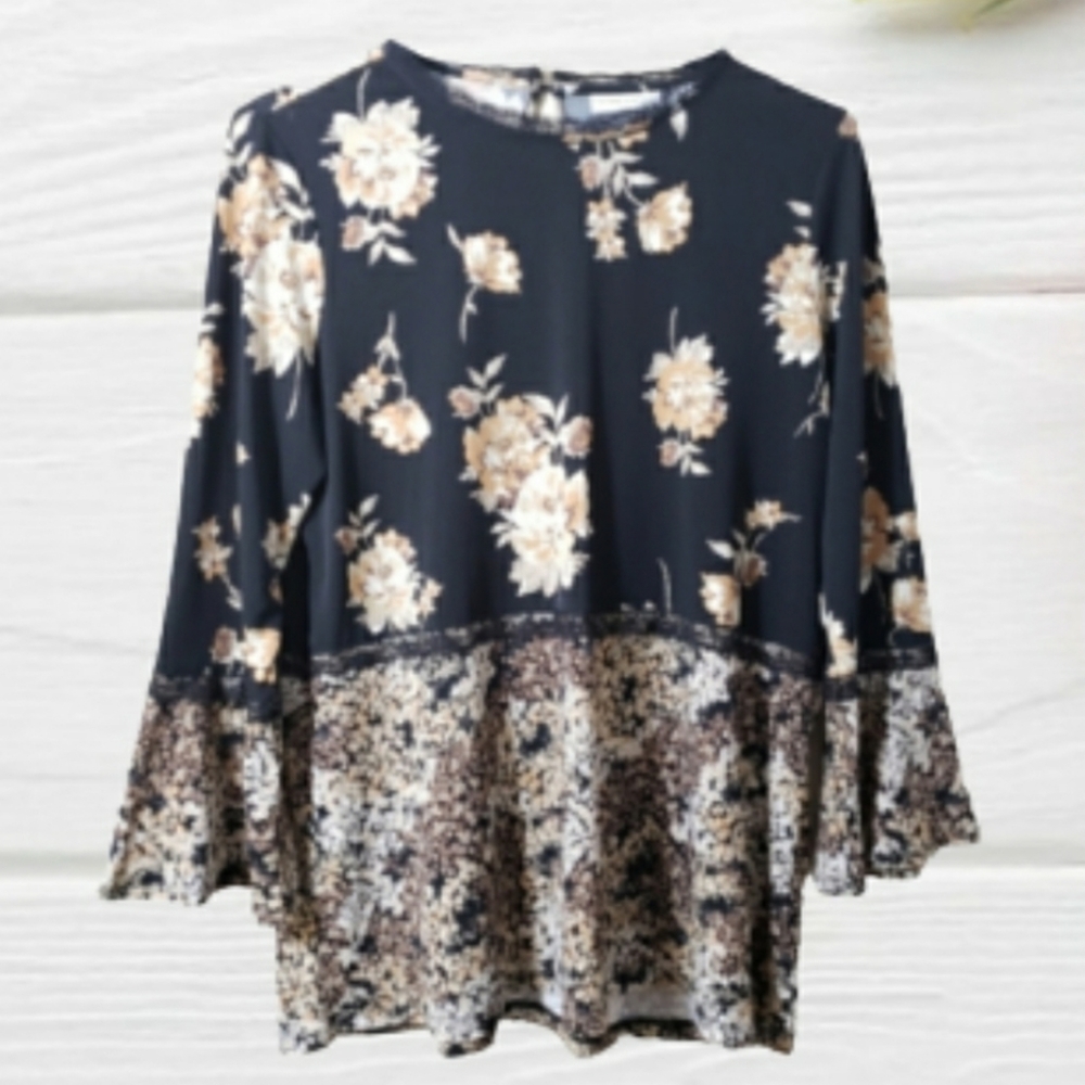 SUSAN GRAVER Floral Tunic Dress Black Cream Medium